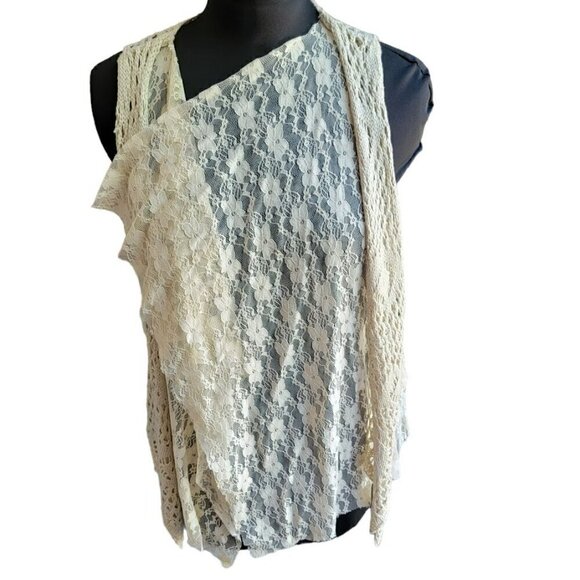 Festival Vest - Crochet and Lace Fringe Cardigan - Bohemian Boho Beige Size XL - Picture 2 of 6